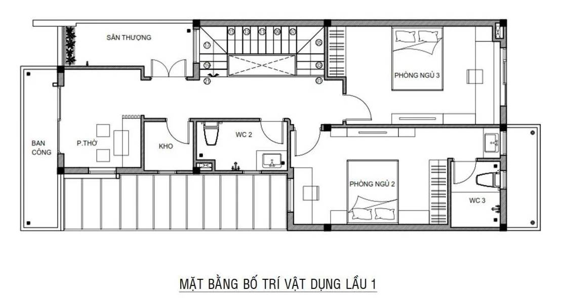 mẫu nhà 2 tầng 3 phòng ngủ 5x20m