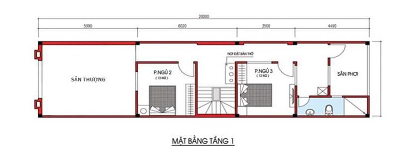 mẫu nhà 2 tầng 3 phòng ngủ 5x20m